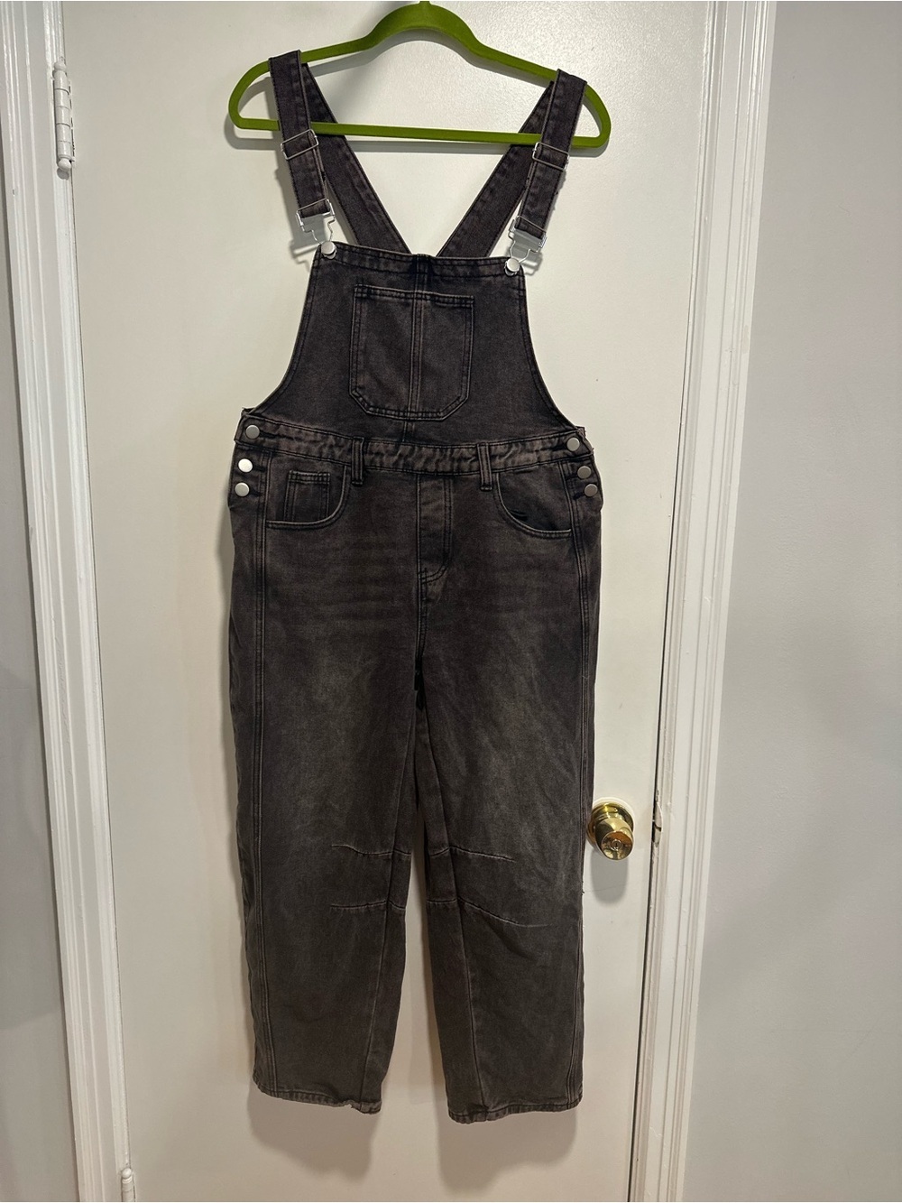 Black denim overalls jumpsuit Sz:L acid washed relaxed fit wide leg Baggy.